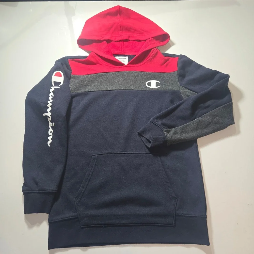 Champion Boys Colorblock Hoodie Navy Blue Red Grey Logo Sweatshirt Size L 14/16